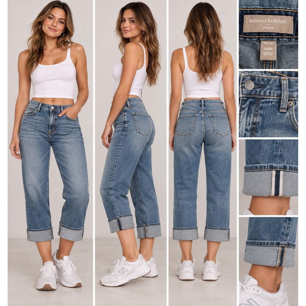 Banana Republic Jeans Women 29/8P Blue Minimalist 90s Cuffed Stretch Crop Denim